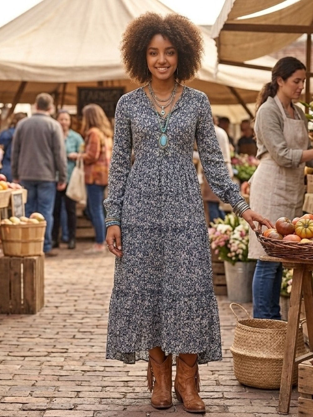 Faherty Navy Floral Tiered Maxi Dress with Long Sleeves